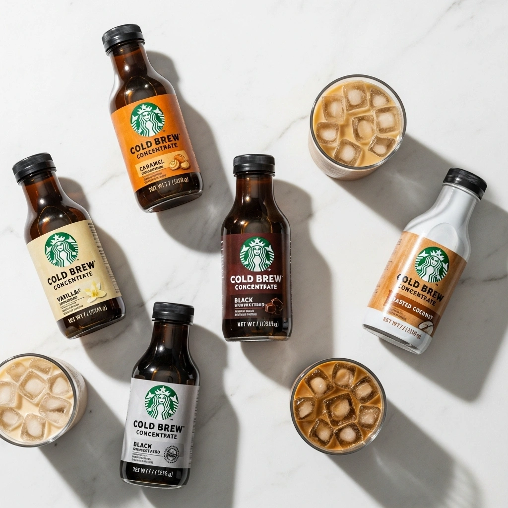 Top 5 Starbucks cold brew concentrate flavors displayed with iced coffee glasses.