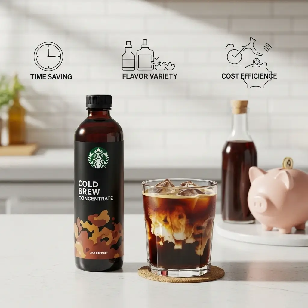 Cold brew concentrate bottle beside iced coffee and symbols of convenience and savings.
