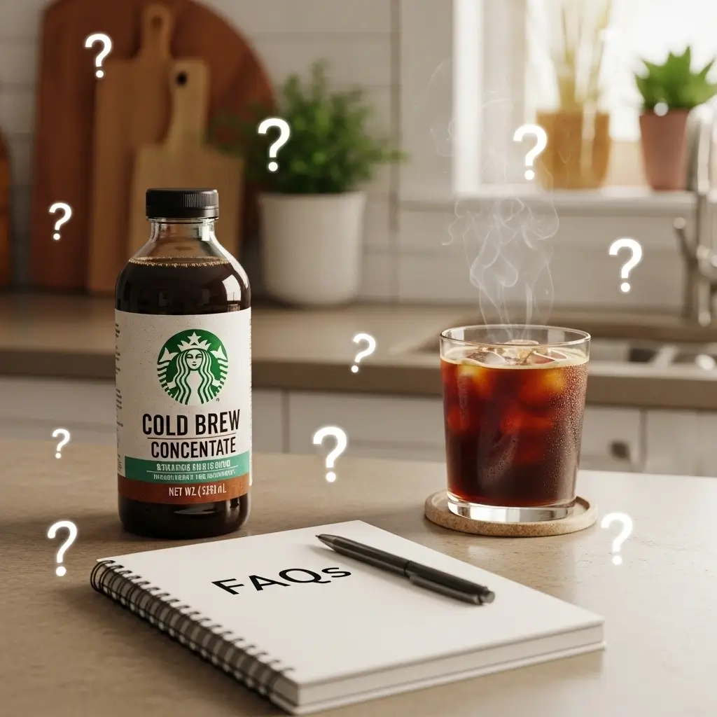 Starbucks-style cold brew concentrate beside iced coffee and FAQ notebook.
