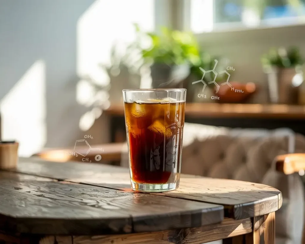 Glass of cold brew coffee on wooden table with caffeine molecule in background