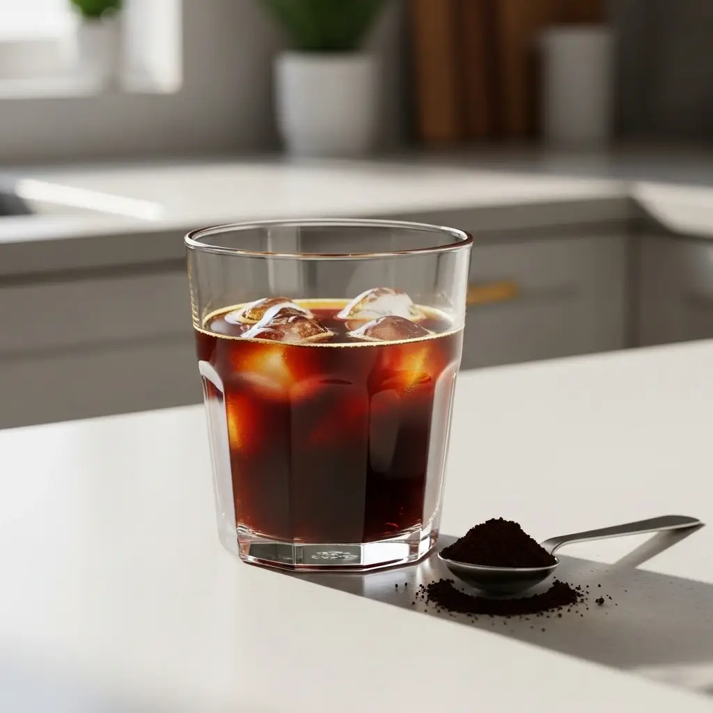 Cold brew coffee with ground coffee on counter in natural light