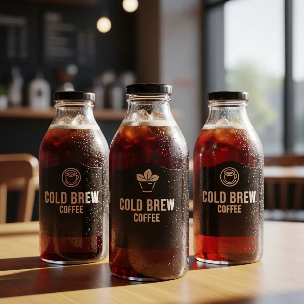 Assorted cold brew coffee bottles on a cafe table