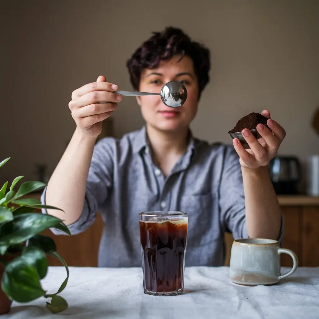 Person holding cold brew and coffee grounds showing caffeine control