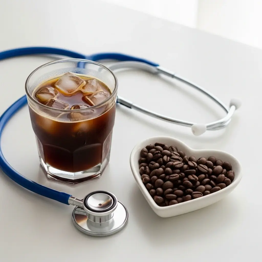 Cold brew coffee with stethoscope and coffee beans in heart dish