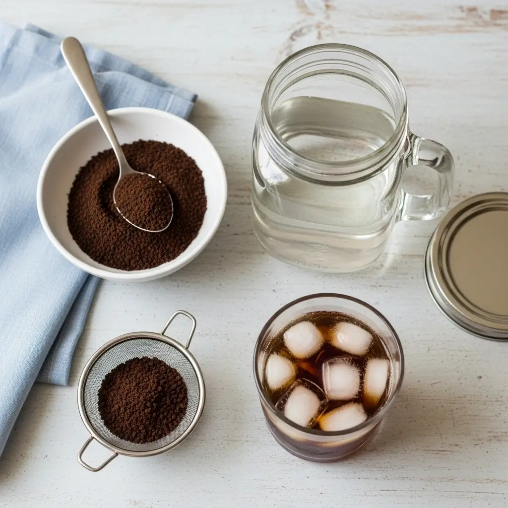 Cold brew recipe ingredients and finished iced coffee on kitchen surface