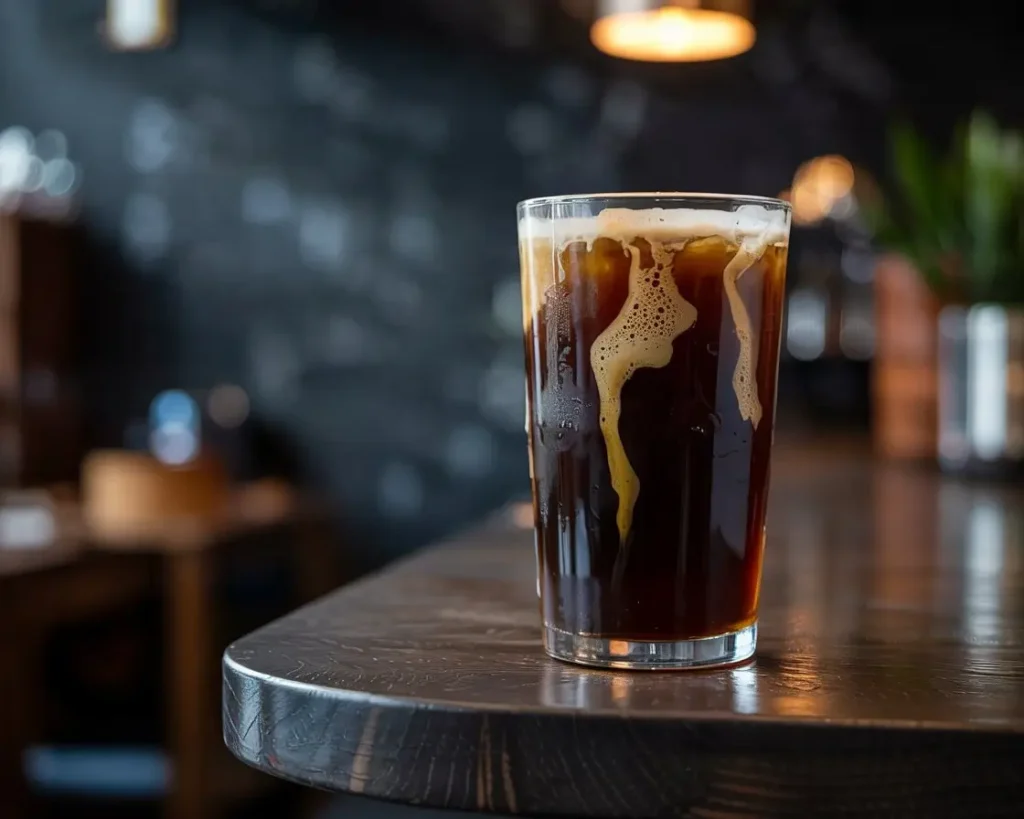 Frosty glass of nitro cold brew coffee with cascading bubbles