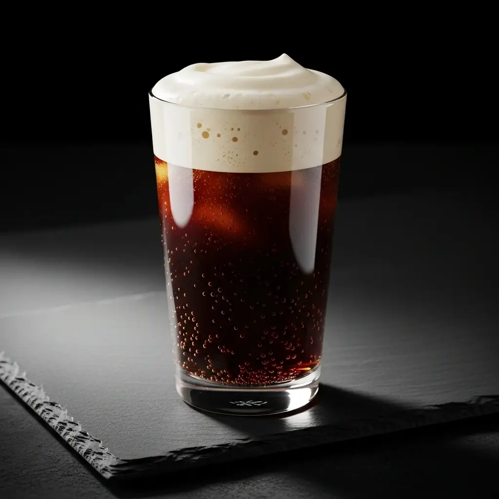 Glass of nitro cold brew coffee with creamy foam on black slate