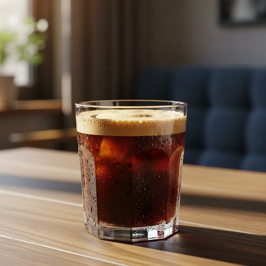 Chilled nitro cold brew coffee with creamy foam on rustic table