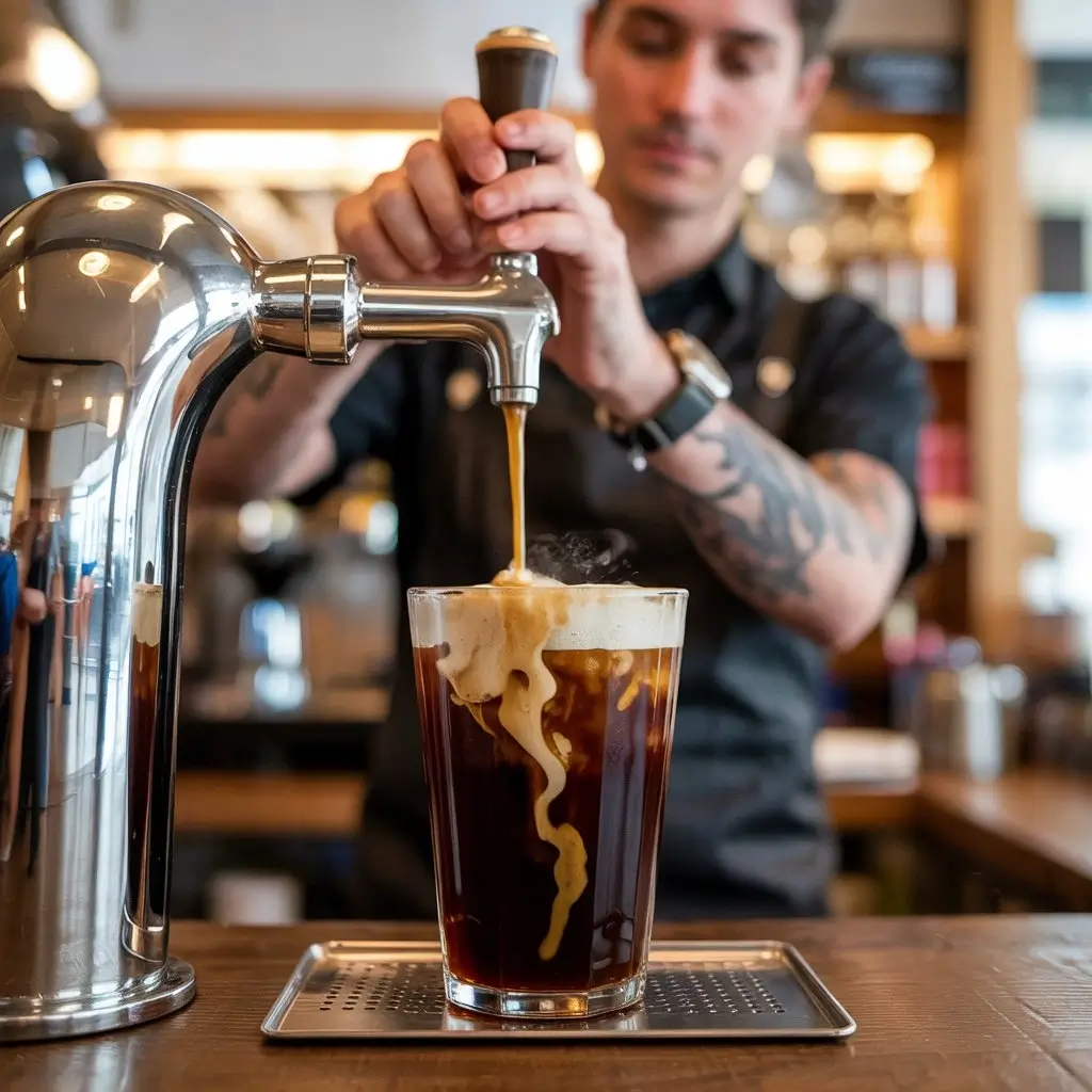 Barista pouring nitro cold brew coffee from tap with creamy foam