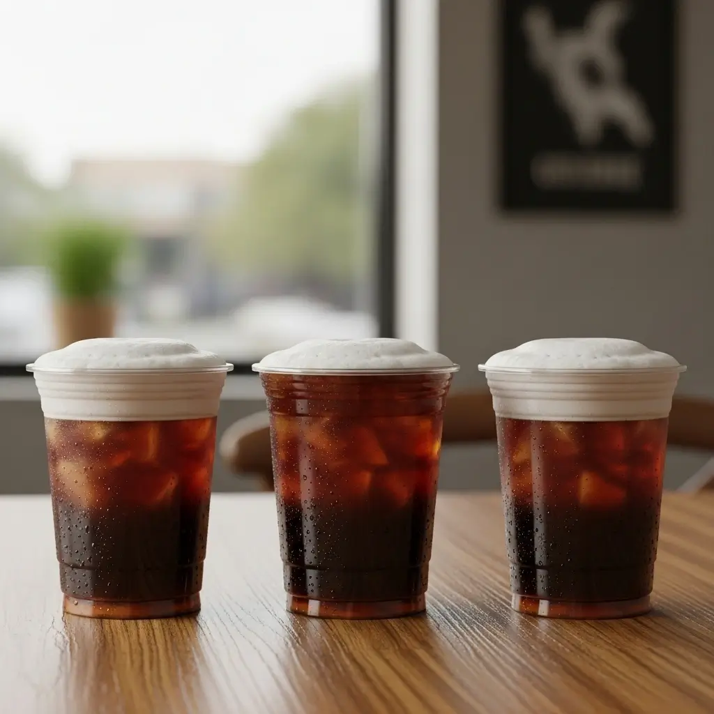 Assorted nitro cold brew coffee cups on wooden table in cafe setting