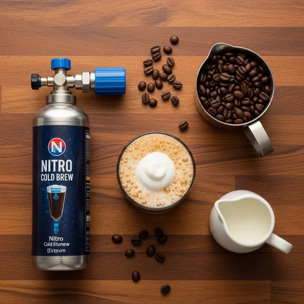 Nitro cold brew coffee with nitrogen canister and ingredients on kitchen counter