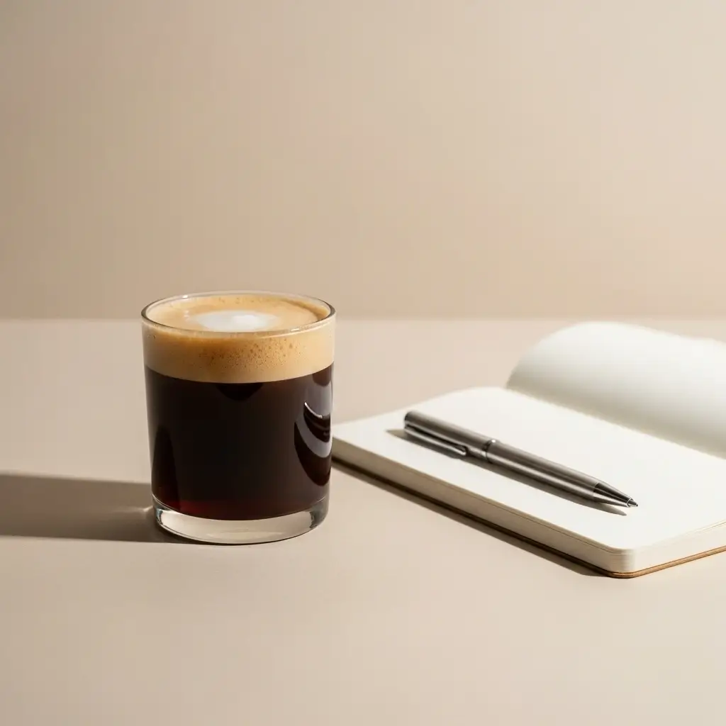 Glass of nitro cold brew coffee on coffee bar with notebook and pen