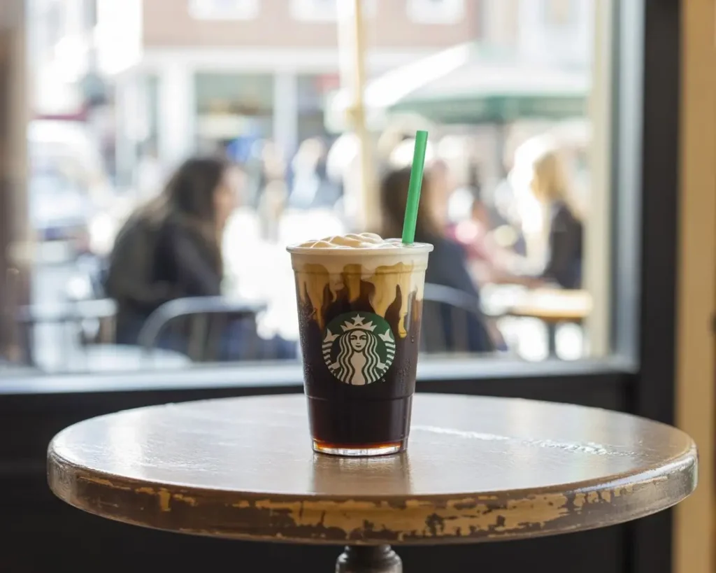 Nitro cold brew coffee with creamy foam on café table by window