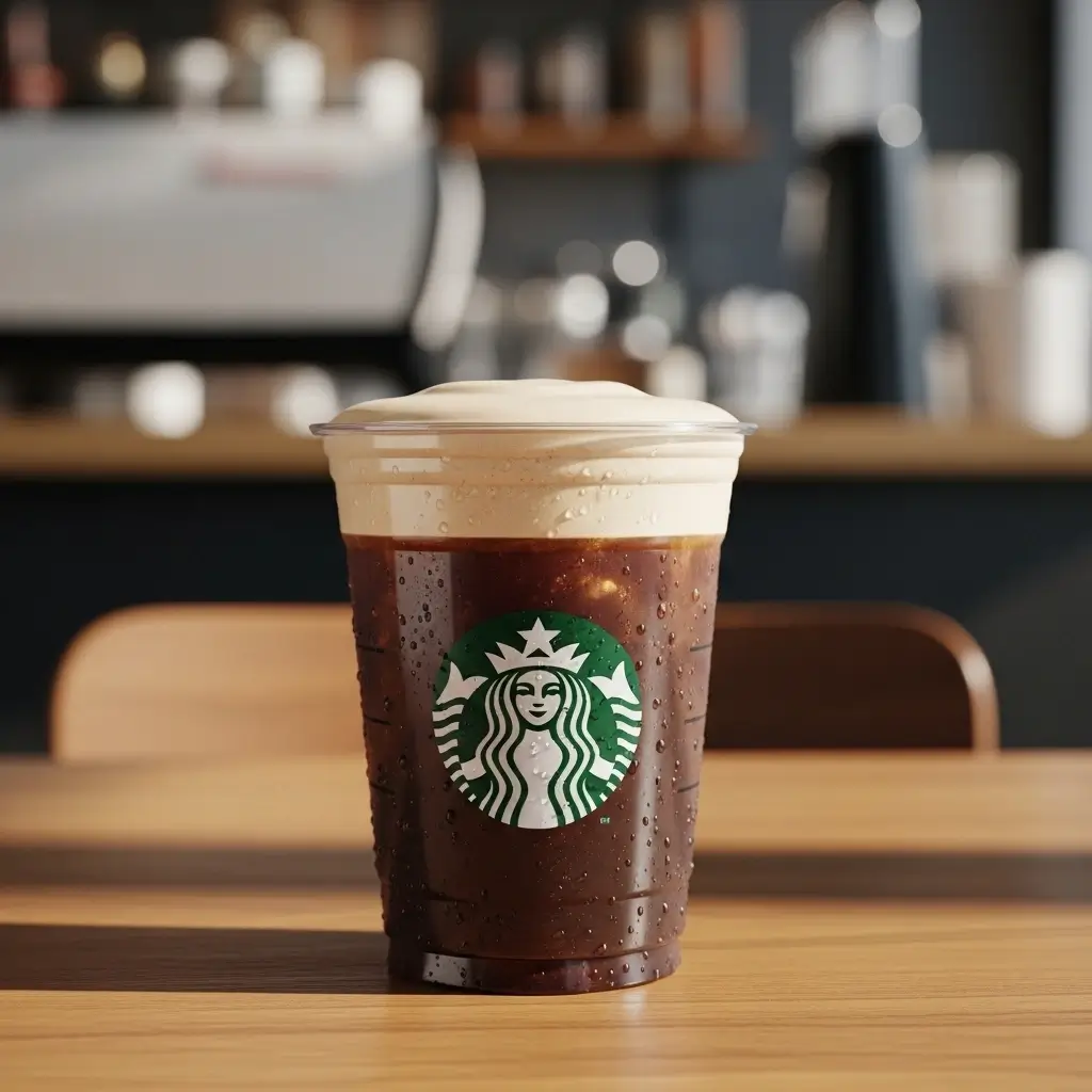Clear cup of nitro cold brew coffee with foam on café table