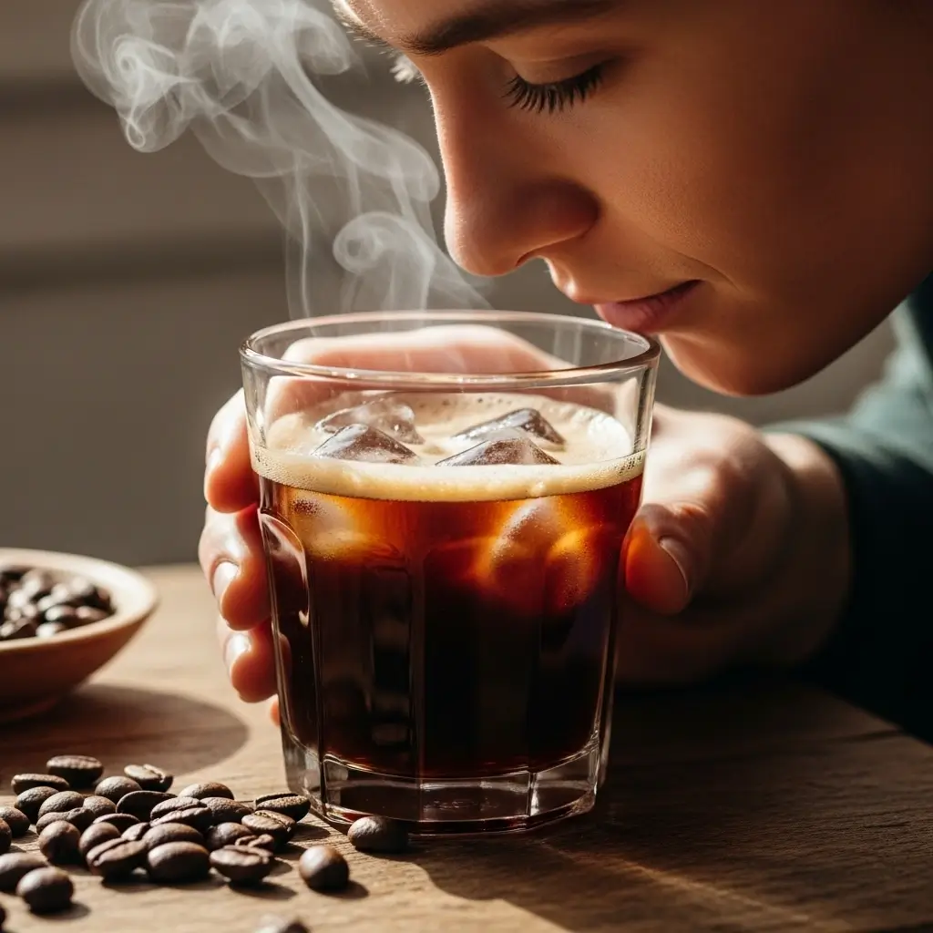Person sipping and smelling cold brew coffee with beans on table