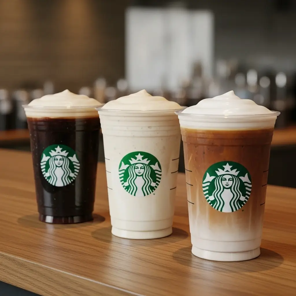 Variety of nitro cold brew coffee options with creamy foam on counter