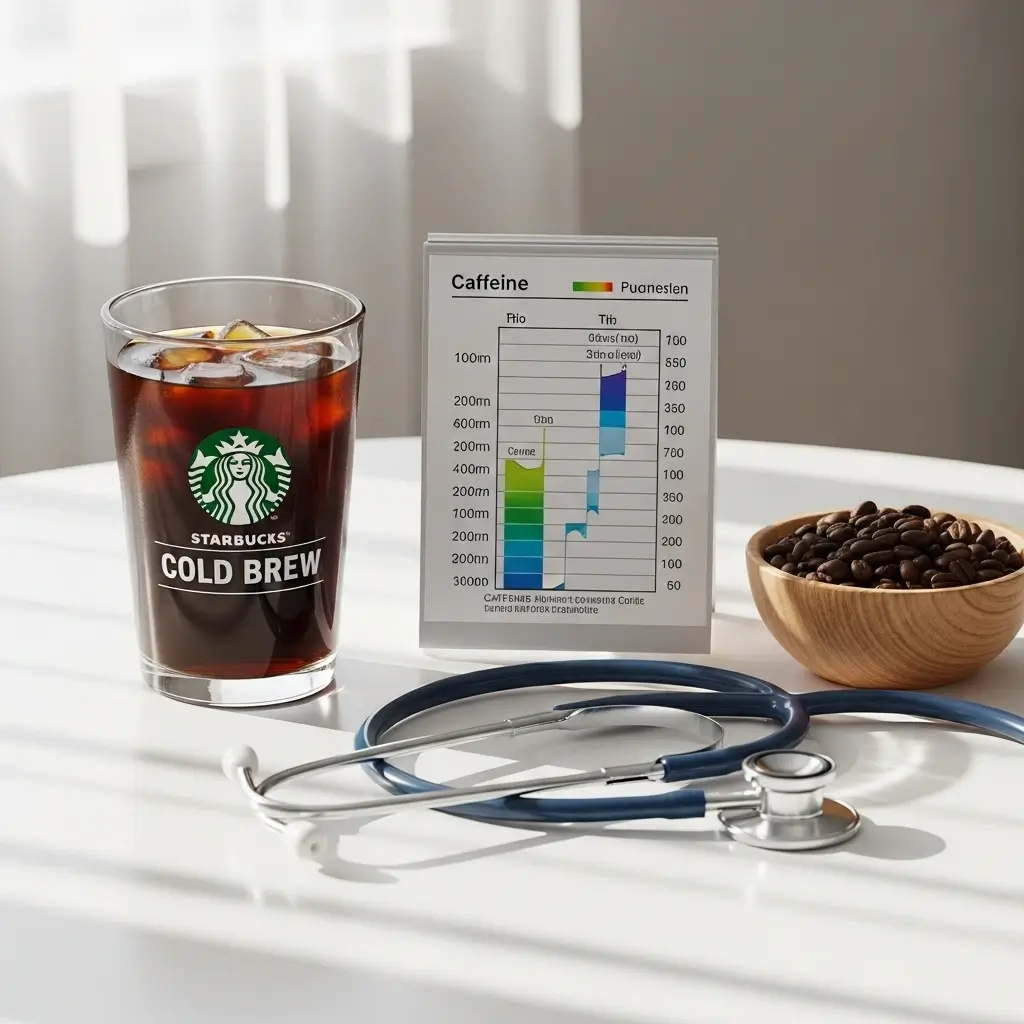 Cold brew coffee with caffeine chart, stethoscope, and coffee beans on table