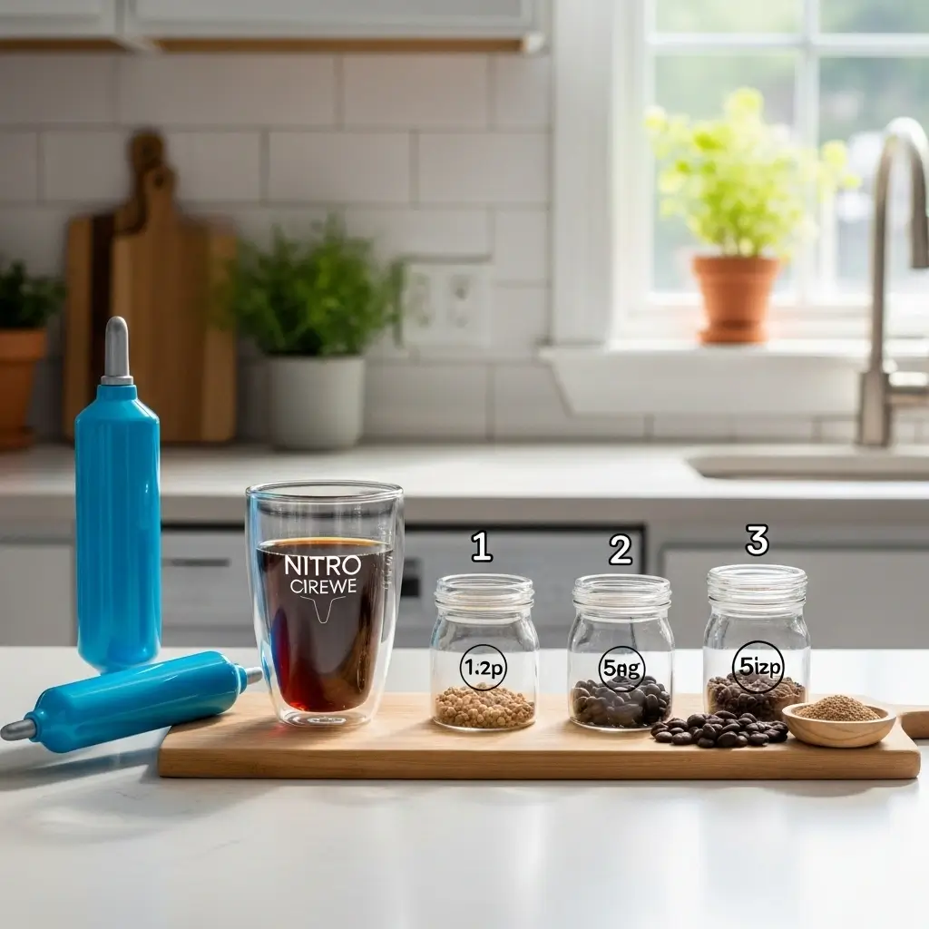 Home nitro cold brew setup with ingredients and nitrogen charger