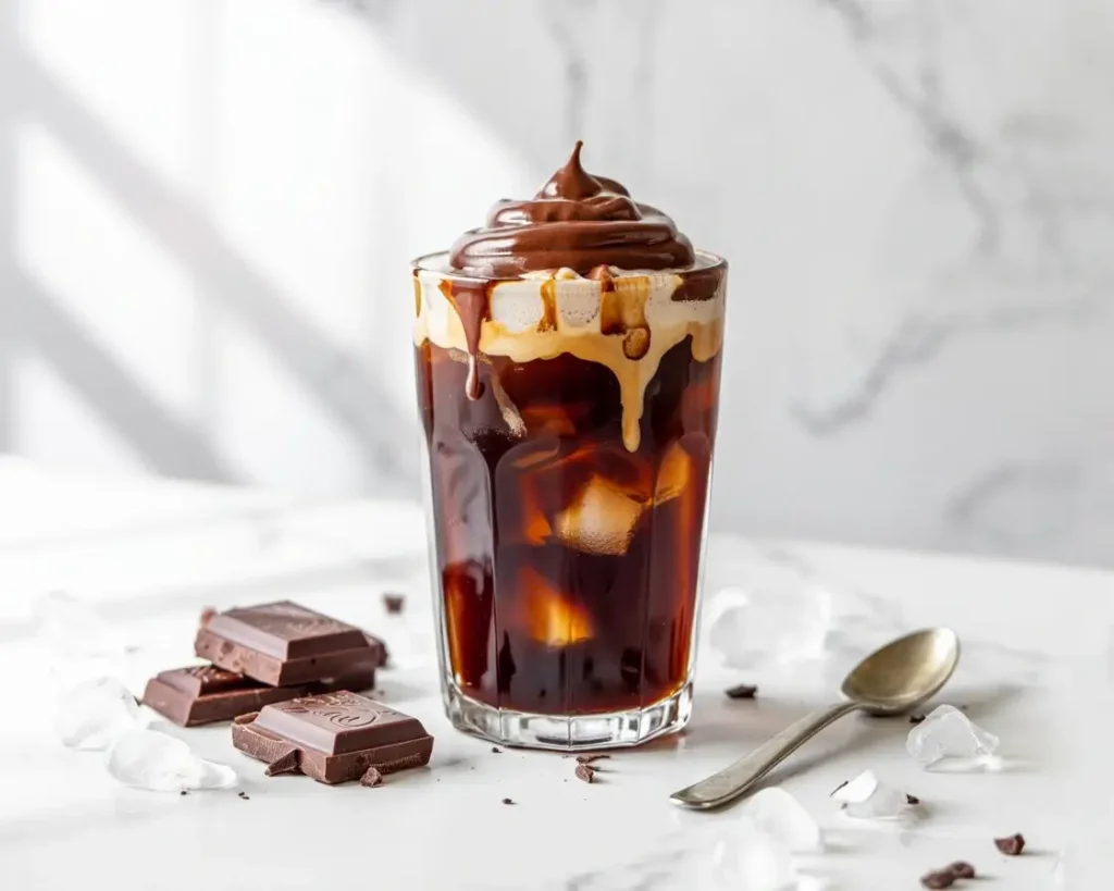 Glass of cold brew coffee topped with chocolate cream and drizzle on marble countertop