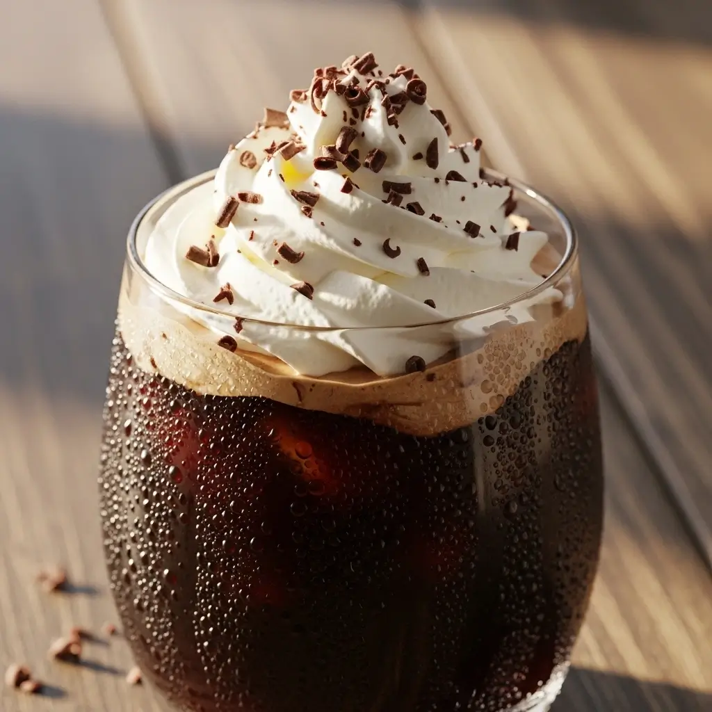 Close-up of cold brew coffee with whipped chocolate cream and shavings