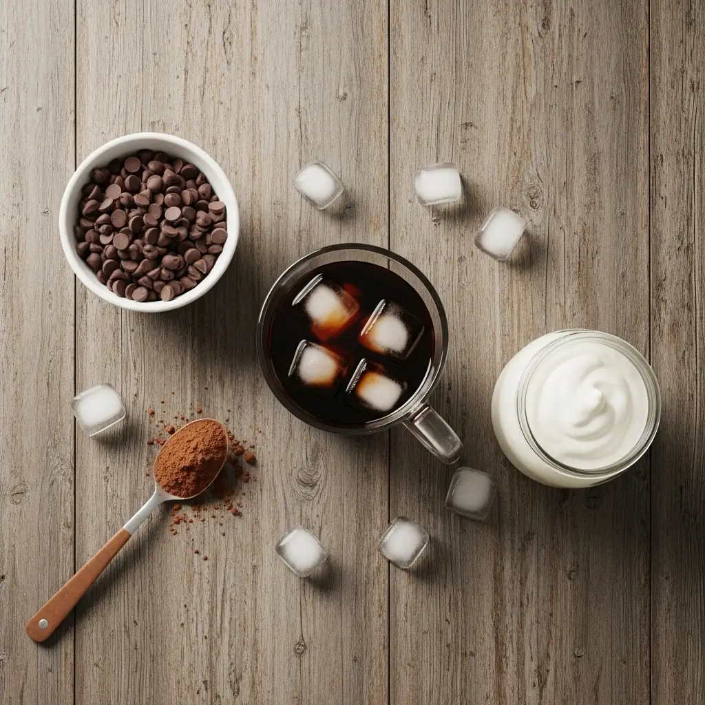Flat lay of cold brew coffee ingredients including chocolate chips, cream, cocoa powder, and ice cubes