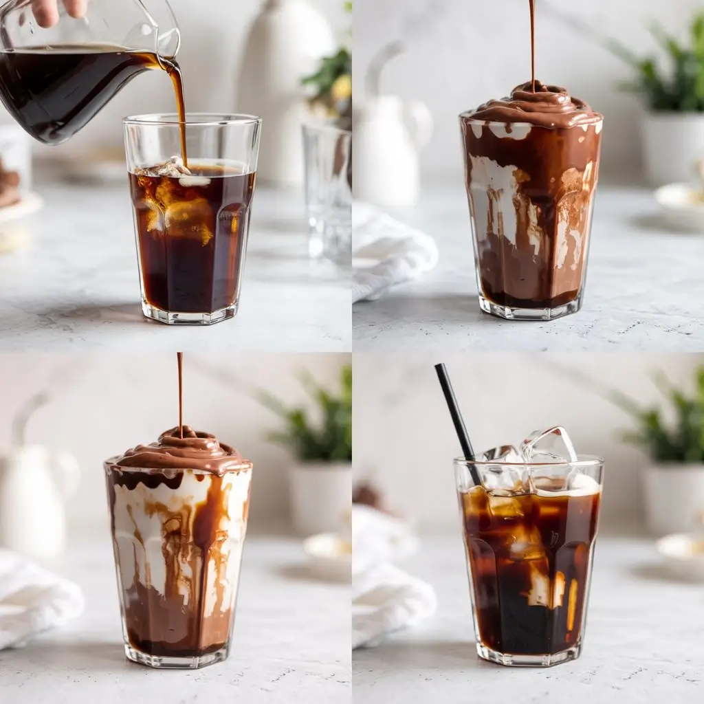Step-by-step process of making chocolate cream cold brew coffee with topping and syrup