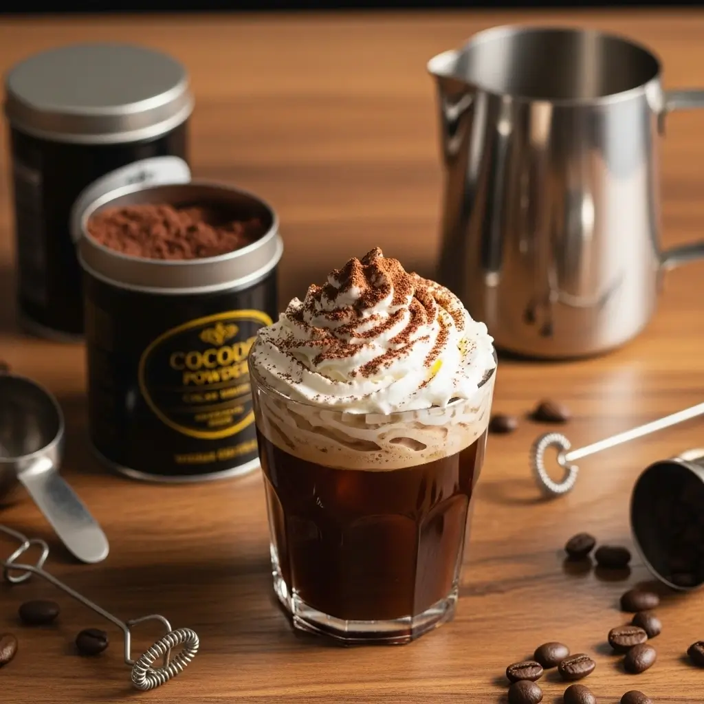 Cold brew coffee with whipped chocolate cream surrounded by barista tools on wooden counter