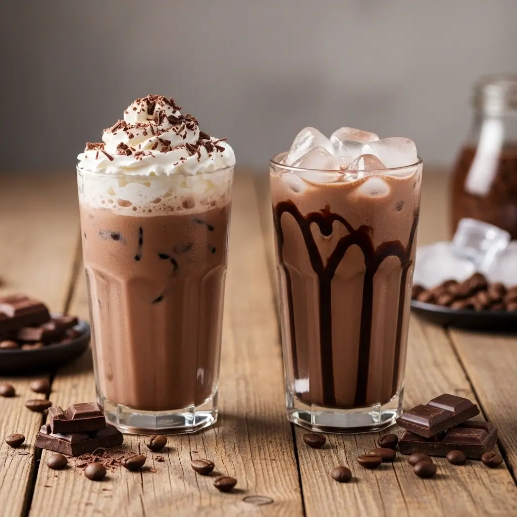Two chocolate cold brew coffees with whipped cream, chocolate drizzle, and ice on wooden table