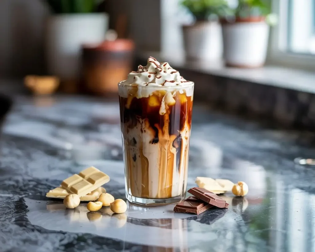 White chocolate macadamia cream cold brew with ice, foam, and toppings on marble