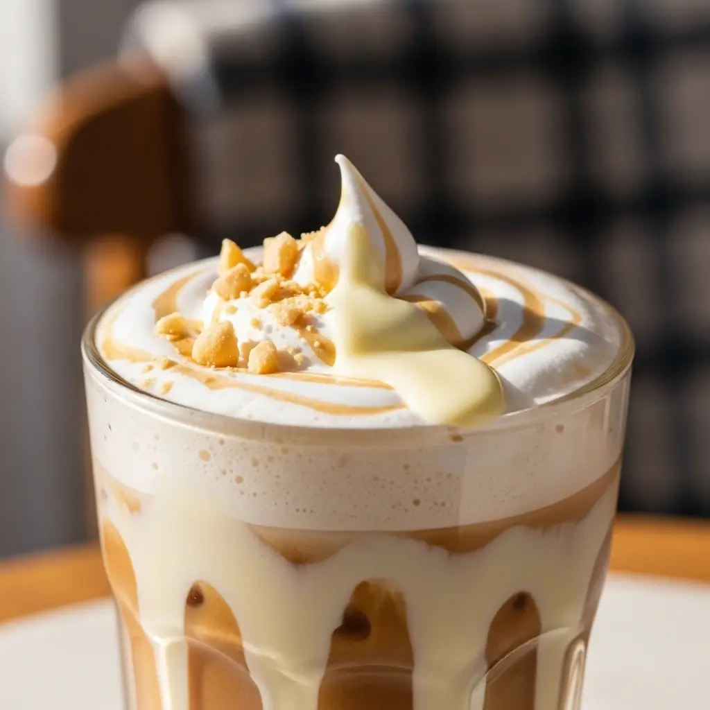 Close-up of white chocolate macadamia cream cold brew with drizzle and crushed nuts