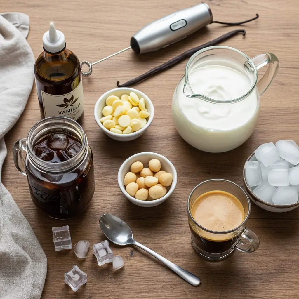 Flat lay of white chocolate macadamia cold brew ingredients and tools
