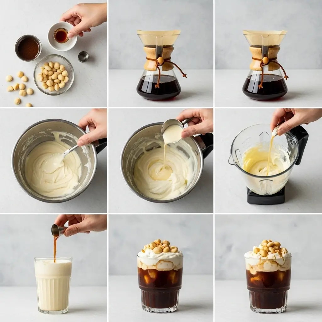 Step-by-step images of making white chocolate macadamia cream cold brew
