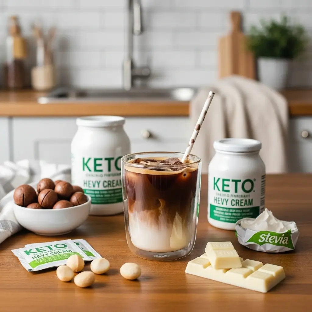 Keto-friendly white chocolate macadamia cream cold brew with low-carb ingredients