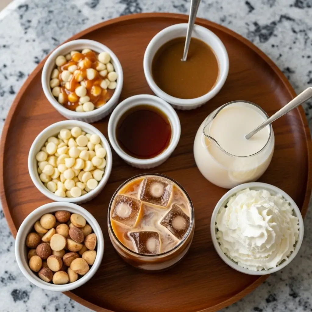 Custom white chocolate macadamia cream cold brew ingredients laid out for mixing
