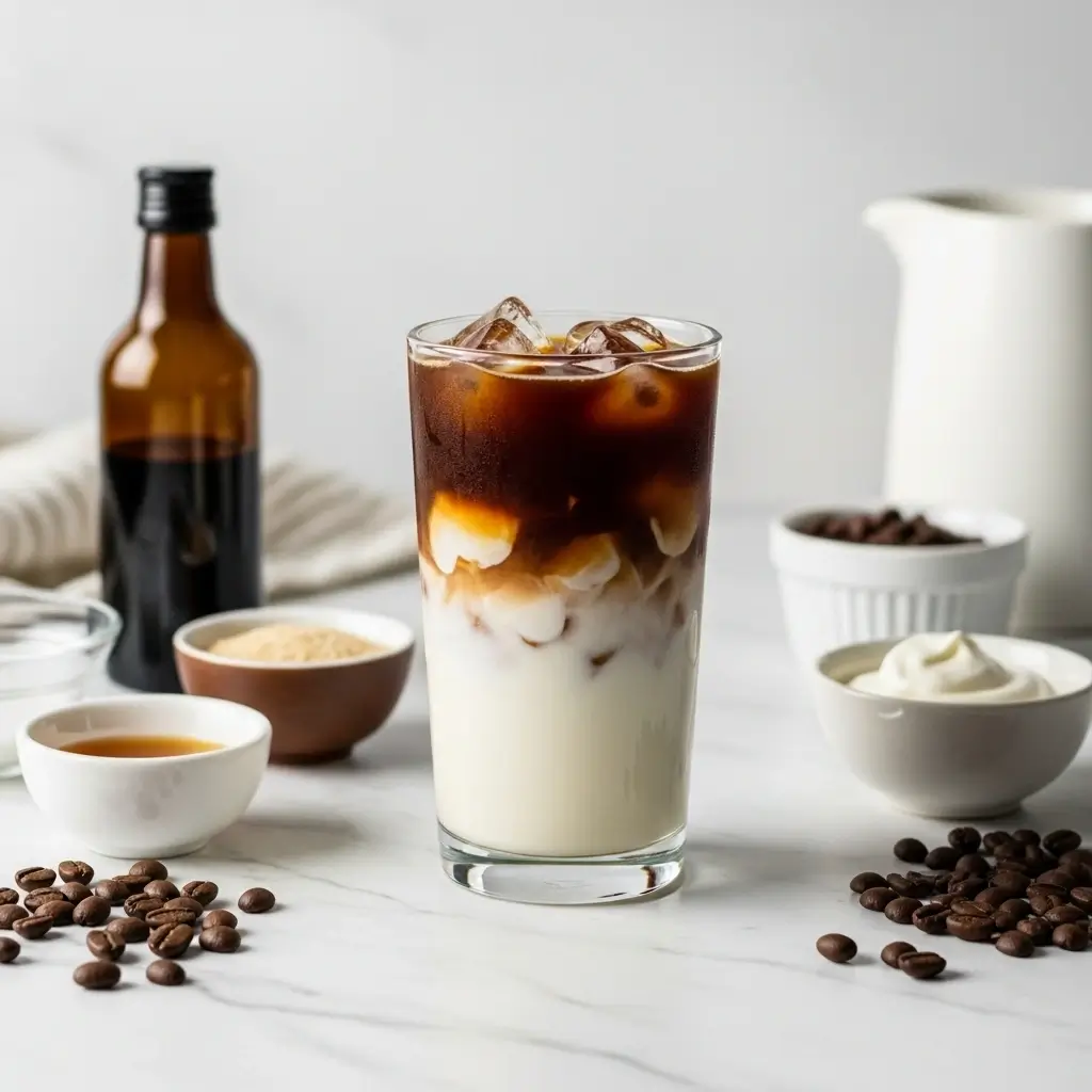 Vanilla sweet cream cold brew with ingredients on marble surface