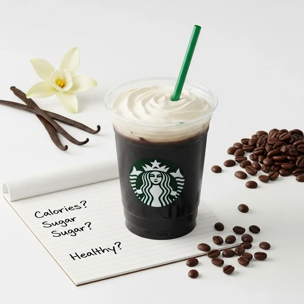 Starbucks-style vanilla sweet cream cold brew with FAQ notes on calories
