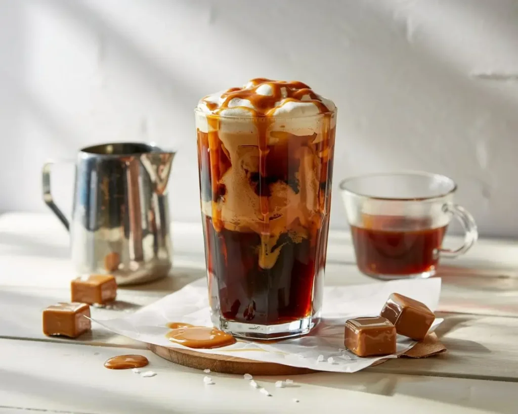 Salted caramel cream cold brew with foam and caramel drizzle on a wooden table