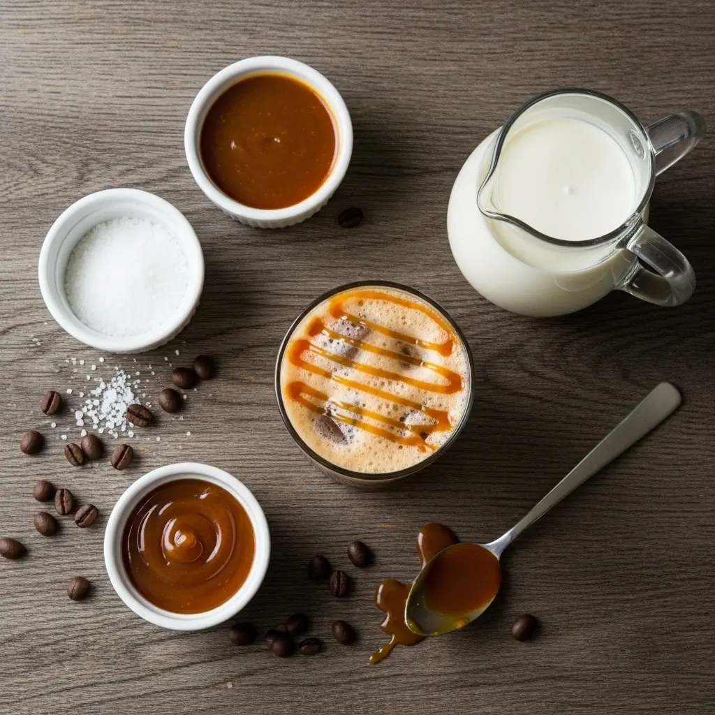 Flat lay of salted caramel cream cold brew ingredients including caramel sauce and sea salt
