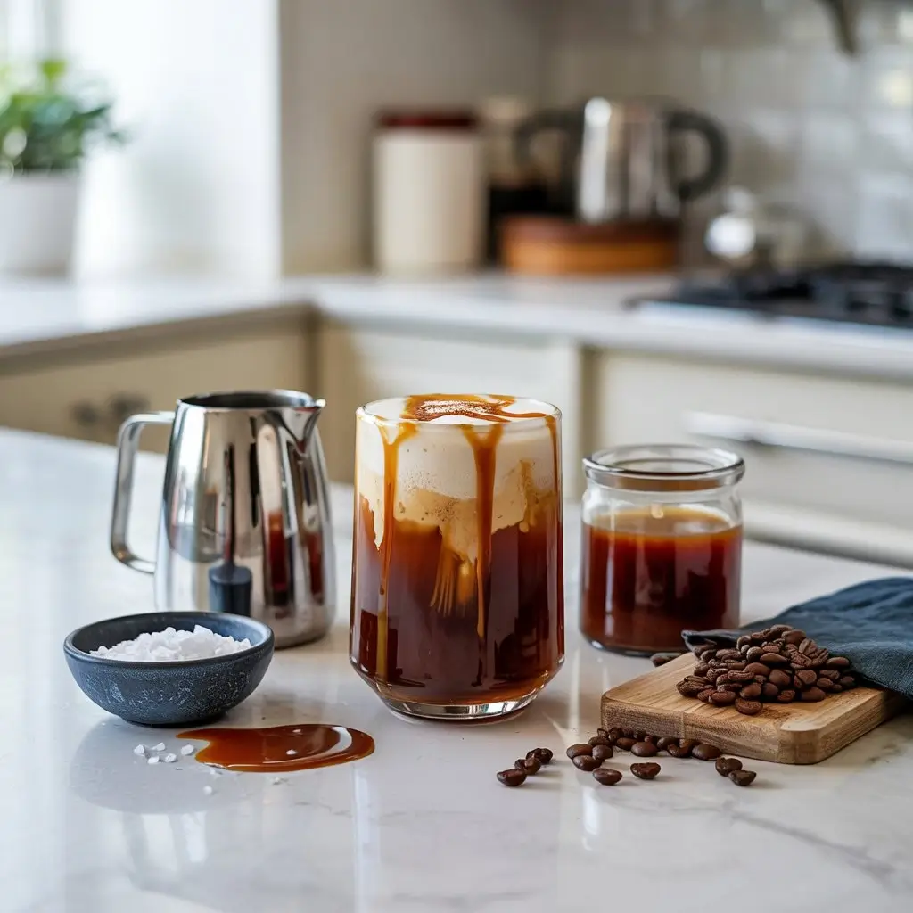 Salted caramel cream cold brew with ingredients and tools on kitchen counter