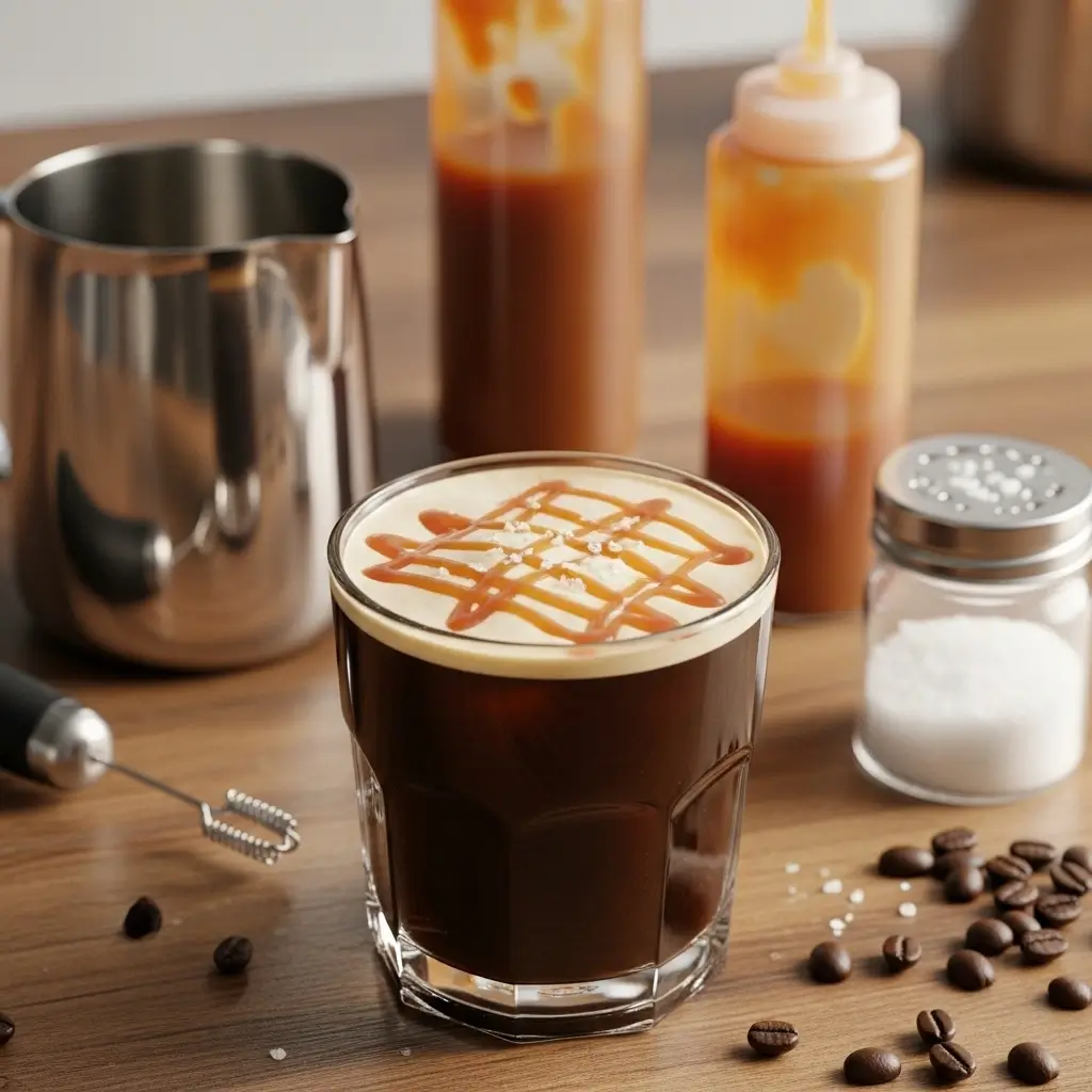 Salted caramel cream cold brew with caramel drizzle and barista tools on wooden counter