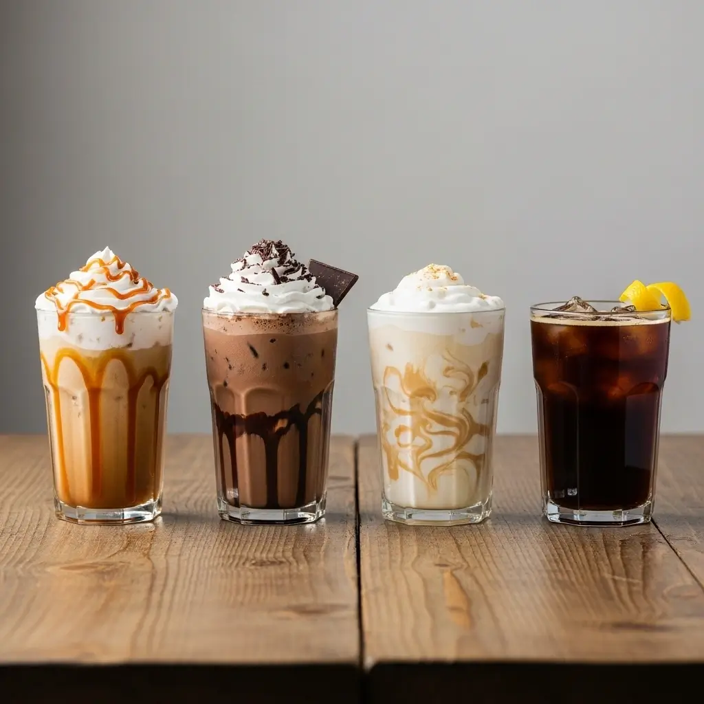 Four iced coffee drinks with various toppings and flavors on a wooden table