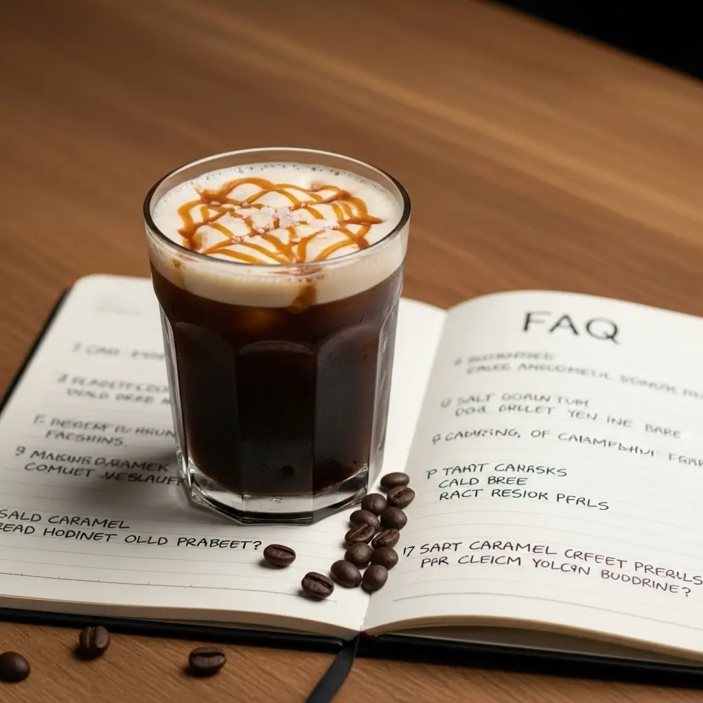 Salted caramel cream cold brew with handwritten FAQ notebook on wooden table
