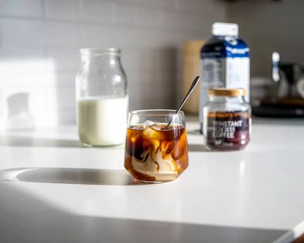 Easy iced coffee setup for beginners with instant coffee and milk