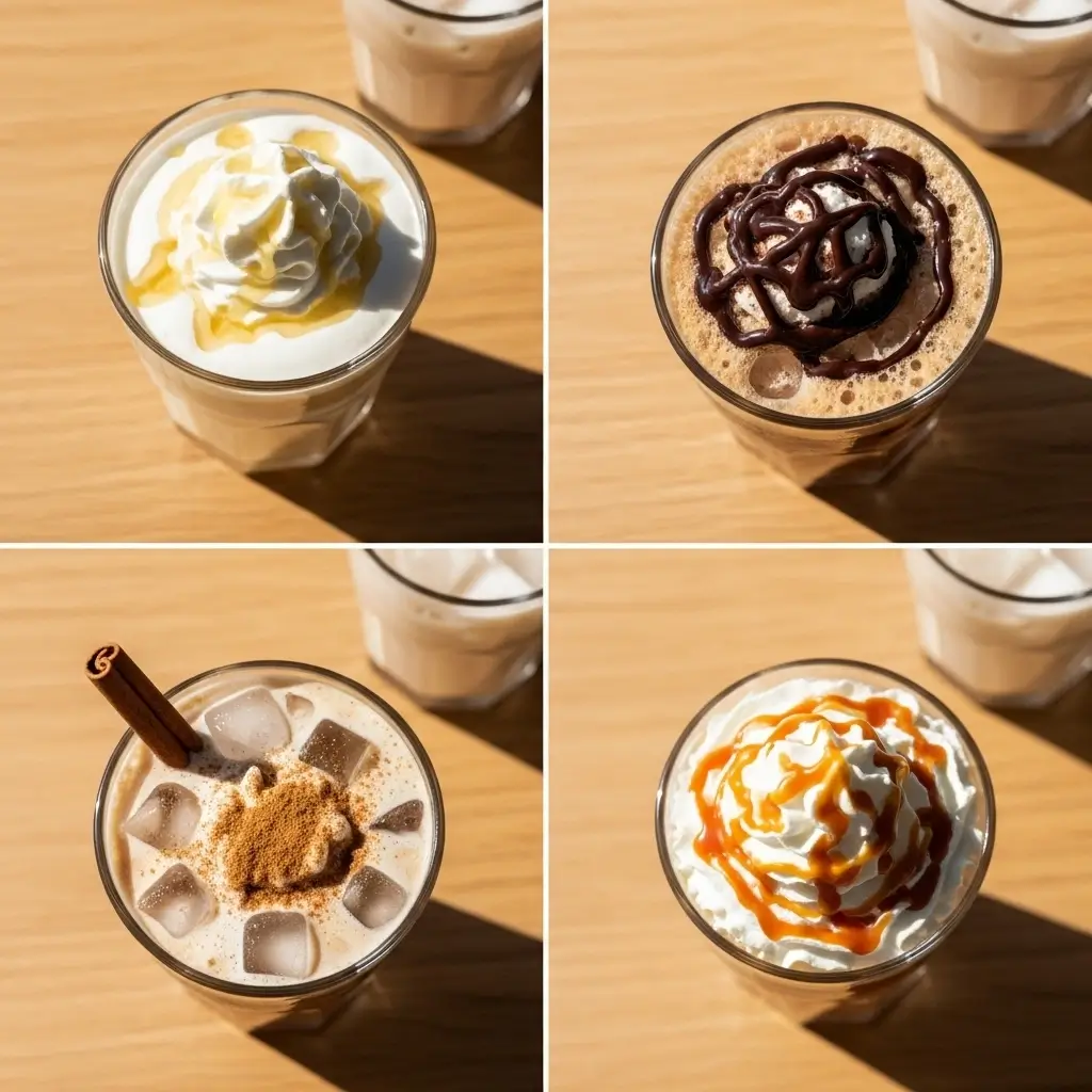 Easy iced coffee variations with different flavors and toppings