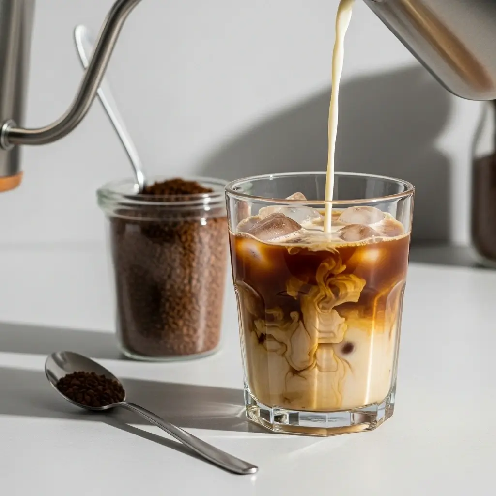 Instant iced coffee made in 2 minutes with milk and ice cubes