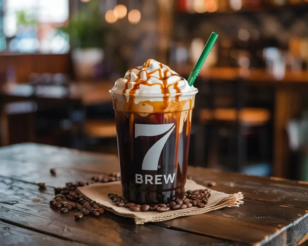 7 Brew-style cold brew coffee in clear cup with black sleeve and creamy foam on wooden table