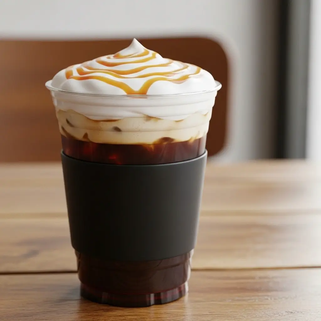 Close-up of 7 Brew-style cold brew coffee with creamy foam and caramel drizzle on wooden table