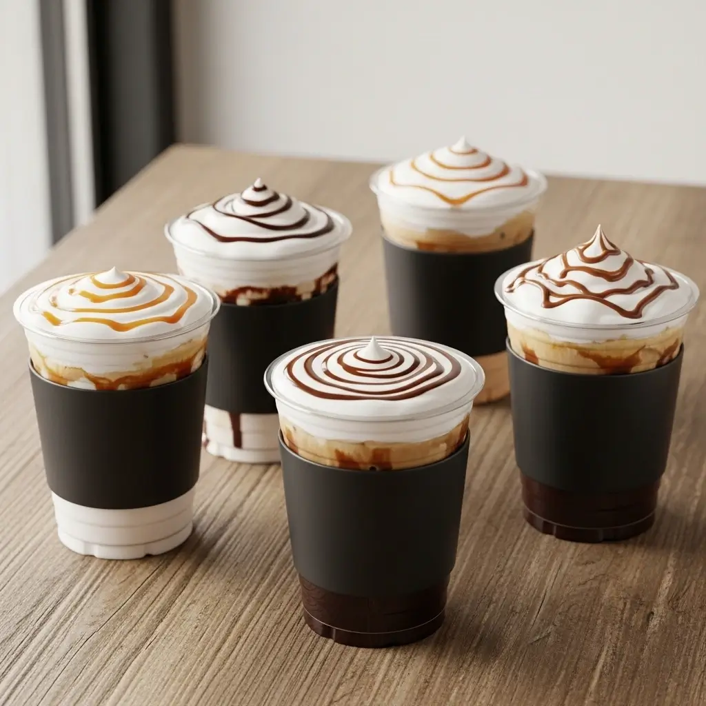 Five 7 Brew-style cold brew coffees with creamy foam and different drizzles on wooden table