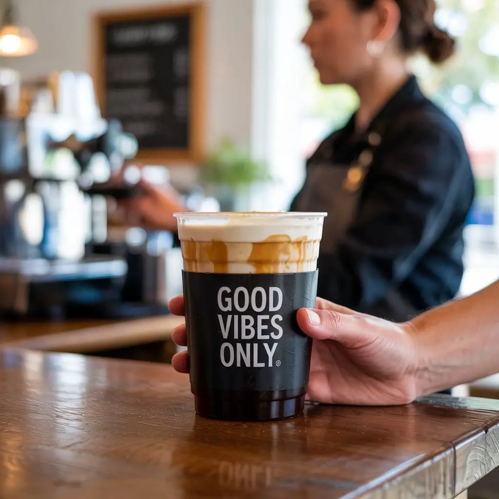Customer ordering 7 Brew-style iced coffee with creamy foam at cozy café counter