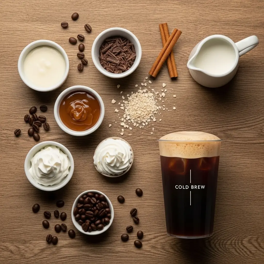 Flat lay of iced coffee customization ingredients and 7 Brew-style cold brew coffee